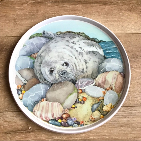 Vintage melamine serving tray Habour Seal grey seal wall hanging drink tray - Picture 2 of 7